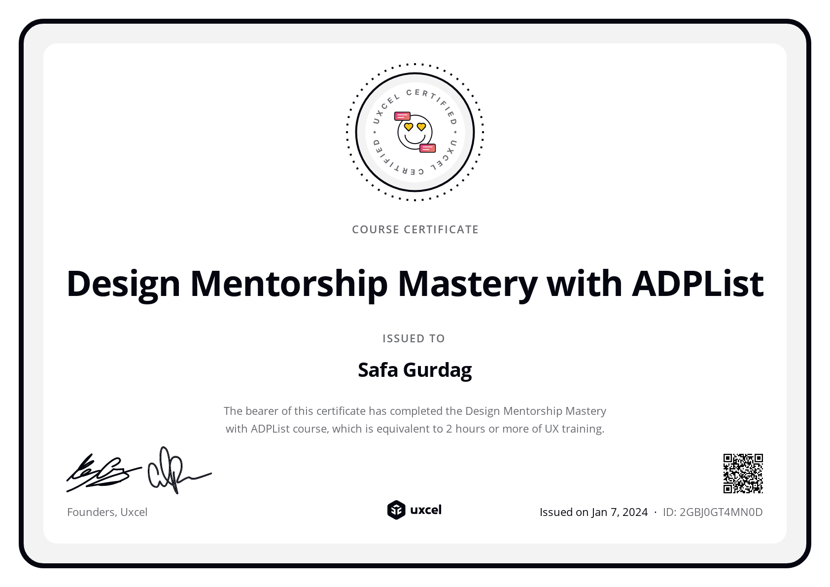 Safa Gurdag's certificate